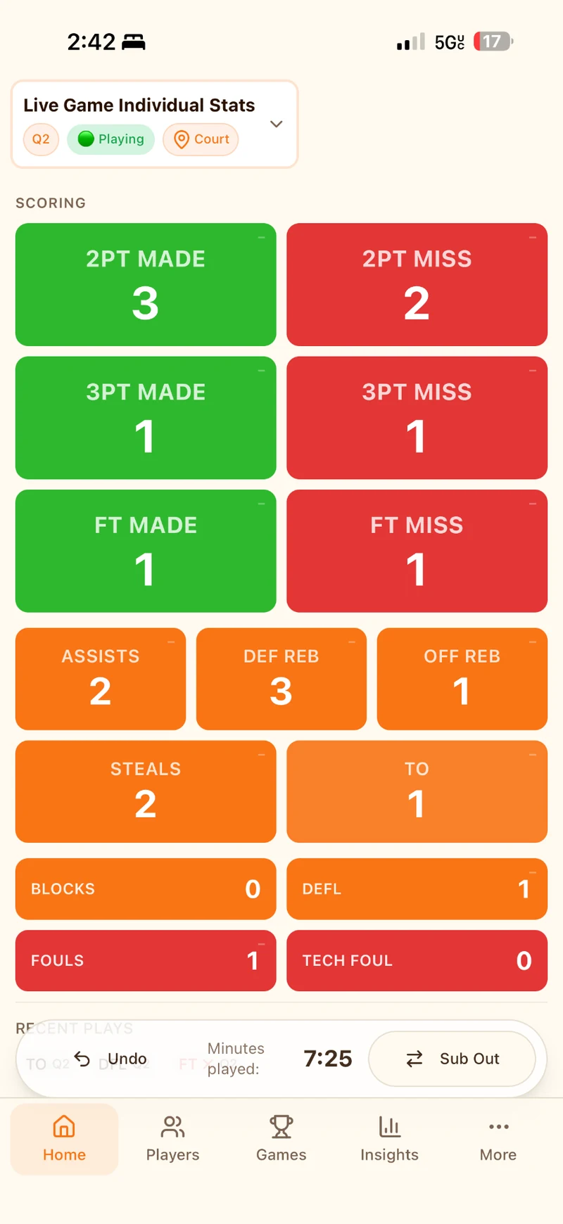 Hoopr live game tracking screen showing stat entry during a basketball game